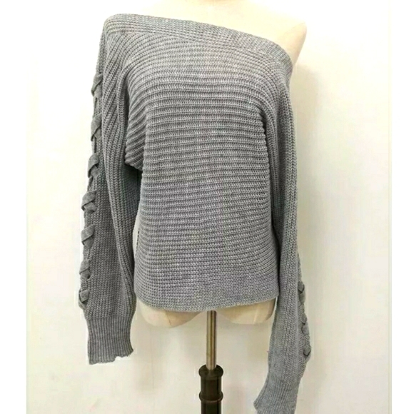 Sexy Knitted Lace Up Sweater Off Shoulder Style - Picture 5 of 8